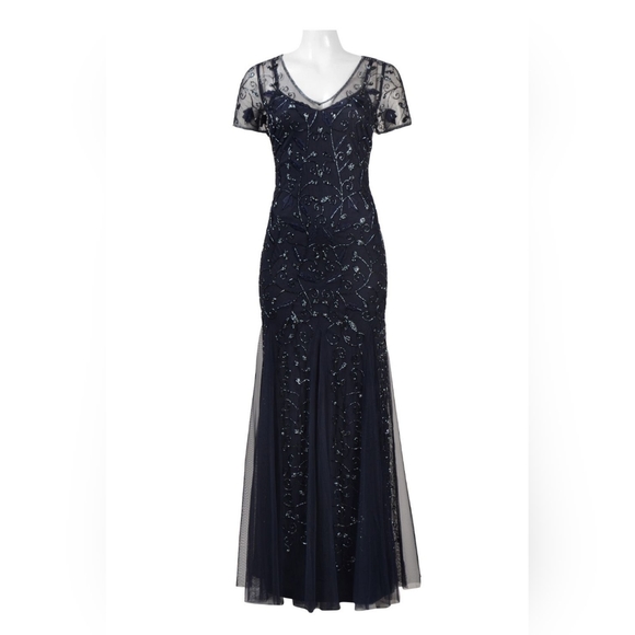 ADRIANNA PAPELL V-NECK SHORT SLEEVE ZIPPER BACK EMBELLISHED MESH DRESS - Picture 1 of 5